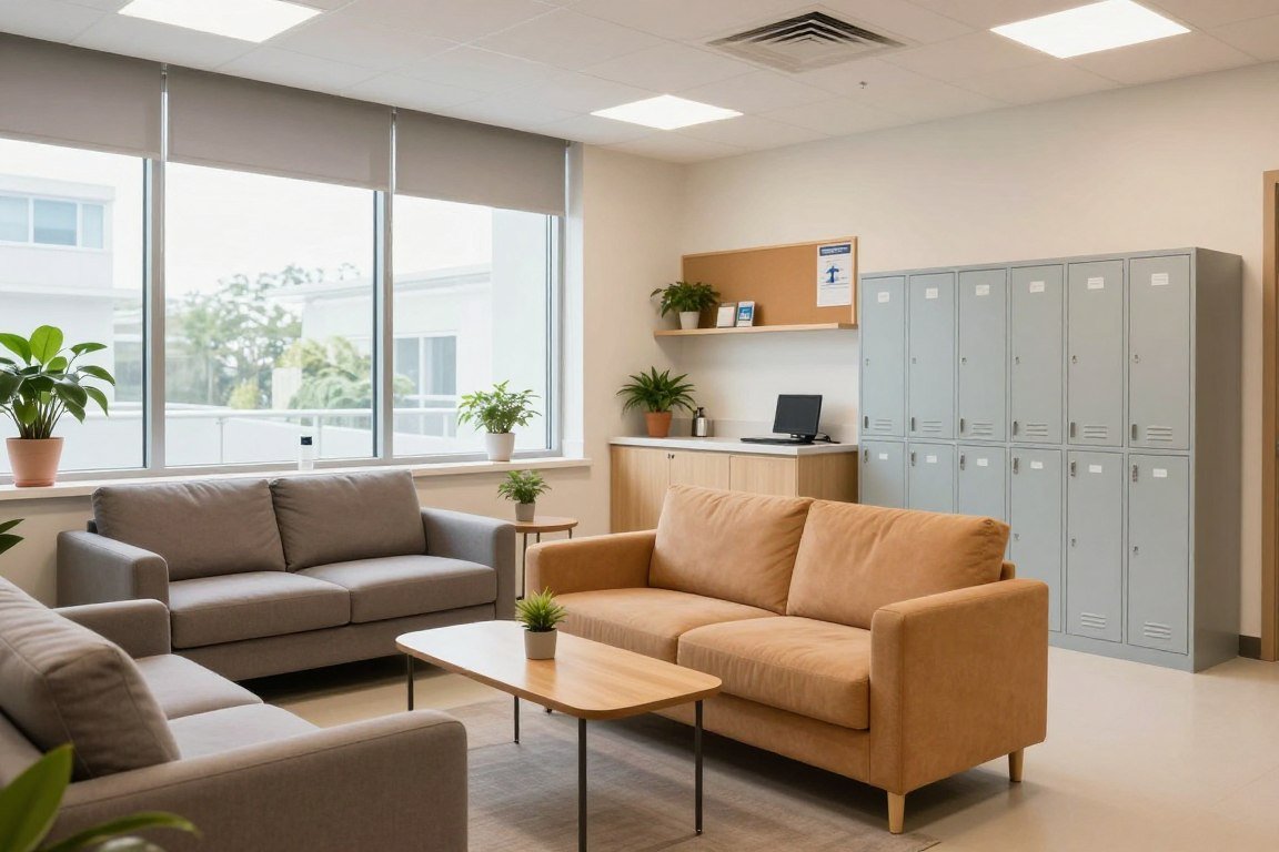 Modern clinic staff break room with comfortable furniture and natural lighting