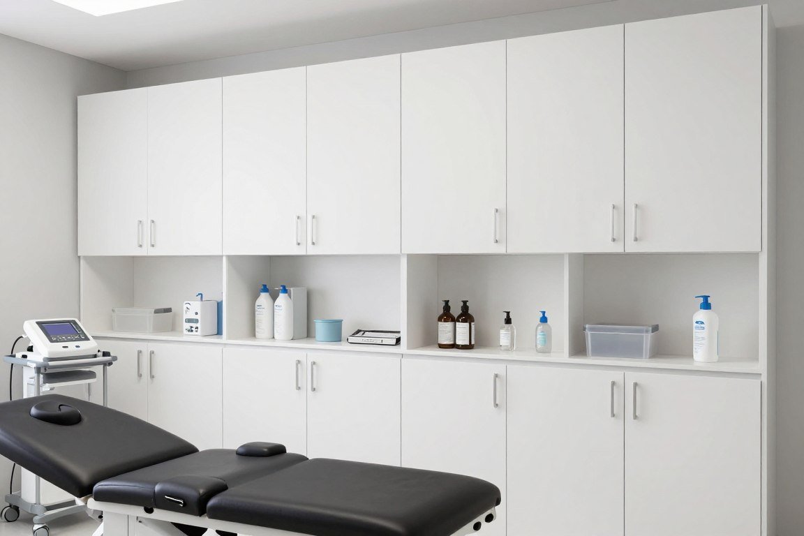 Modern clinic treatment room with sleek built-in storage solutions and clean design