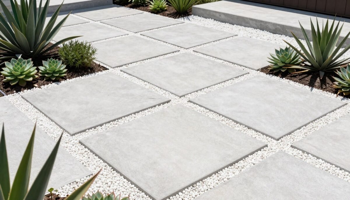 Modern concrete grid pathway with white gravel fill Modern concrete grid pathway with white gravel fill