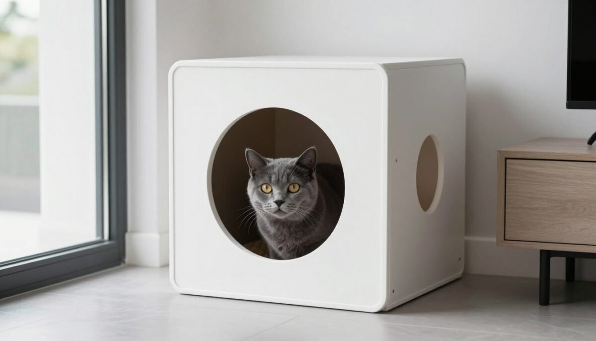 Modern cube cat shelter mounted on living room wall Modern cube cat shelter mounted on living room wall