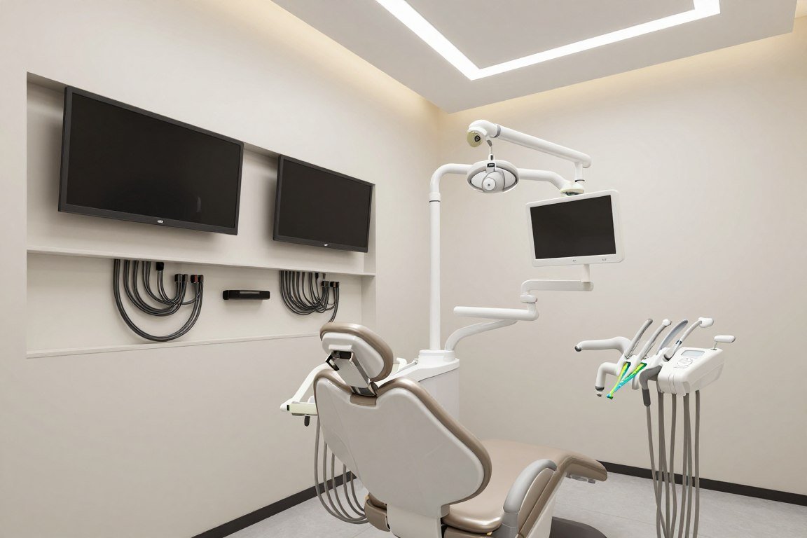 Modern dental clinic treatment room with integrated technology and sleek design