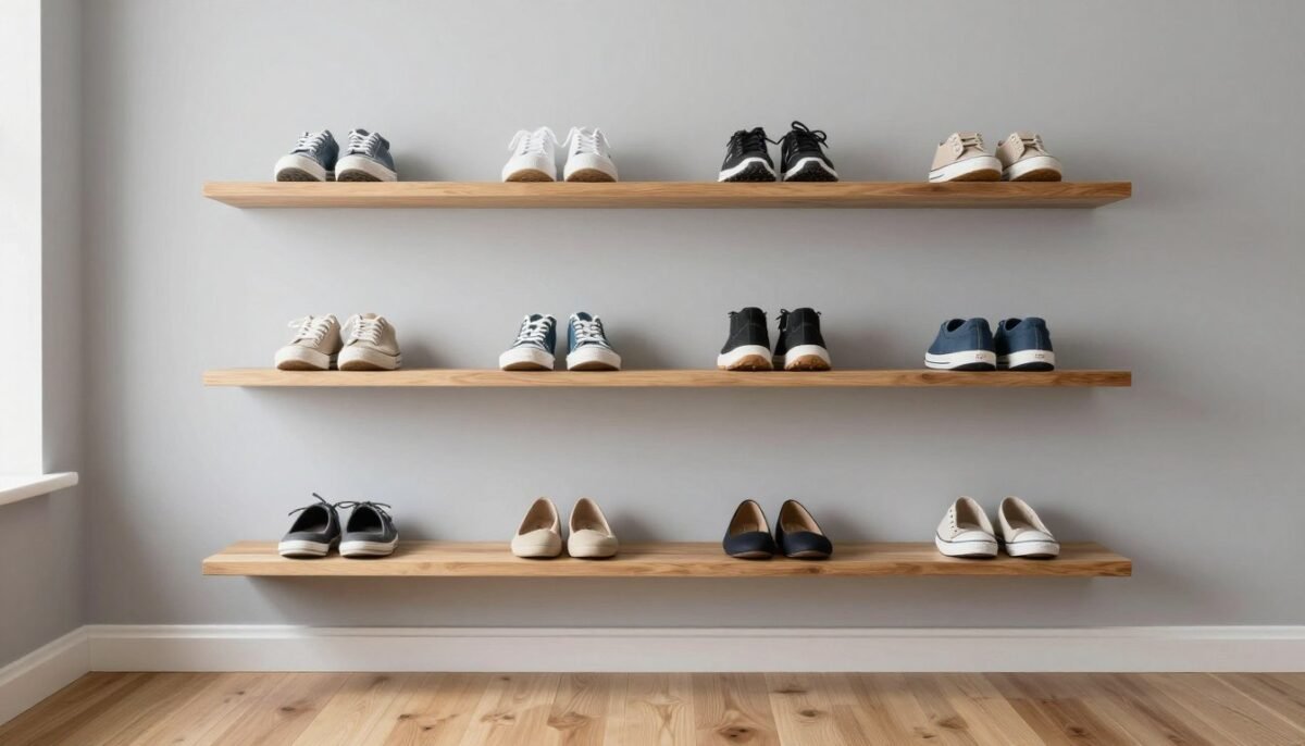 Modern floating wooden shelves displaying organized shoes along bedroom wall