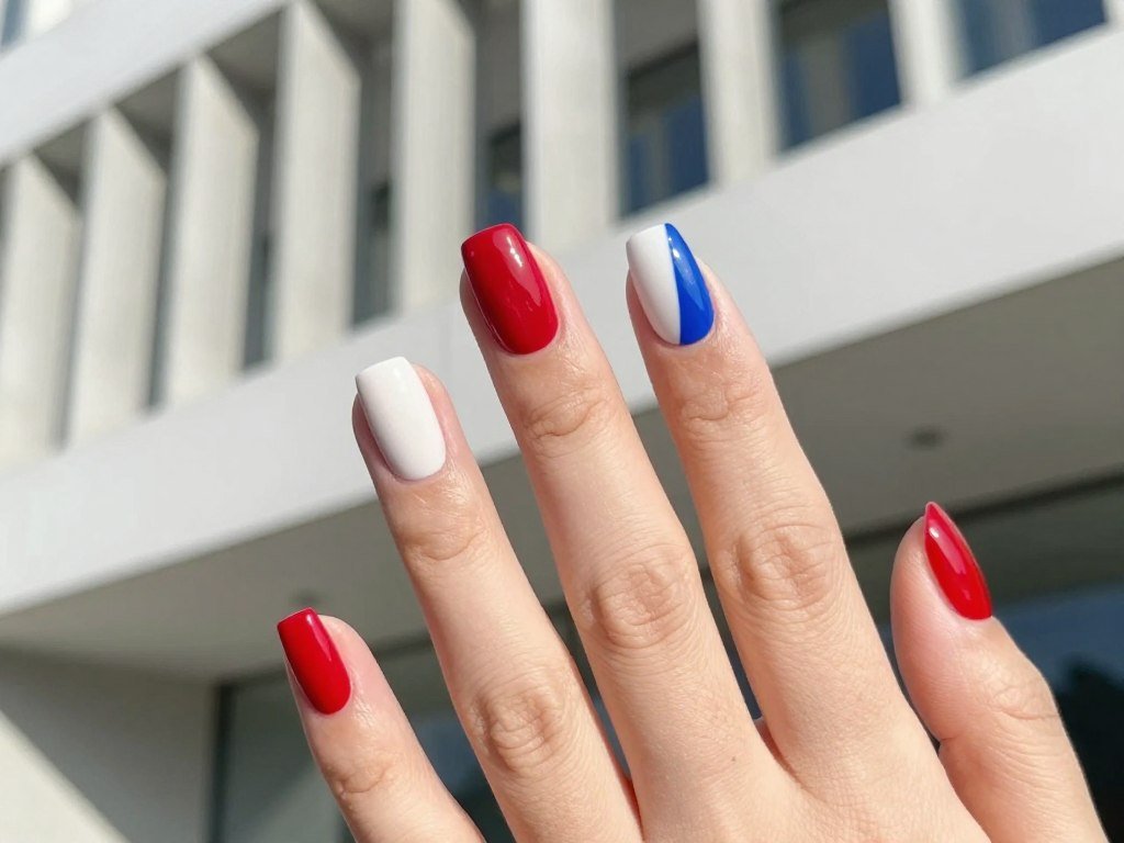 Modern geometric gel nail designs with patriotic color blocks for contemporary style