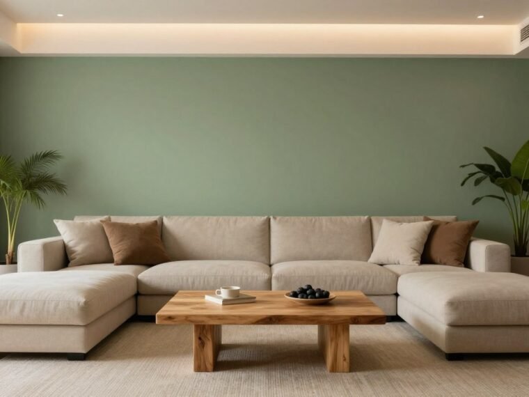 Modern green and beige living room with natural textures and plants