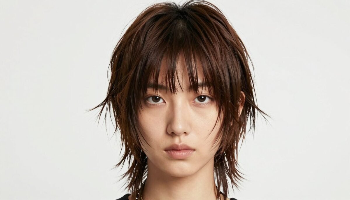 Modern interpretation of classic shag with curtain bangs