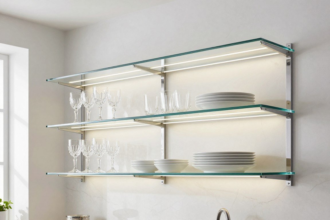 Modern kitchen with clear glass floating shelves displaying elegant glassware and white dishes