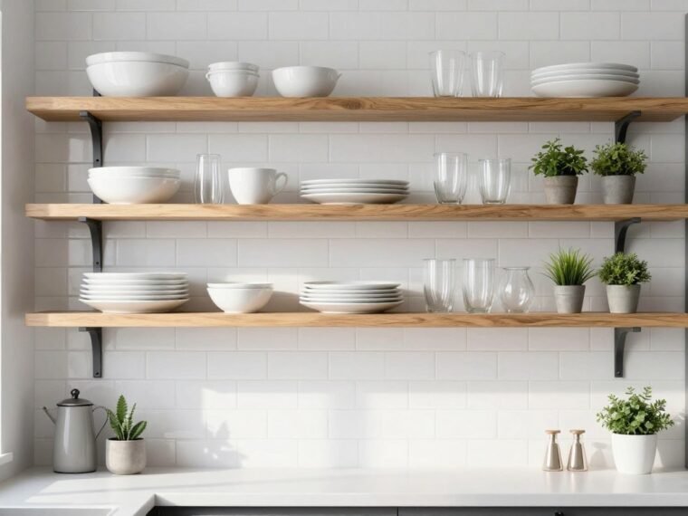 Modern kitchen with floating open shelves displaying white dishes and glassware against white subway tile backsplash
