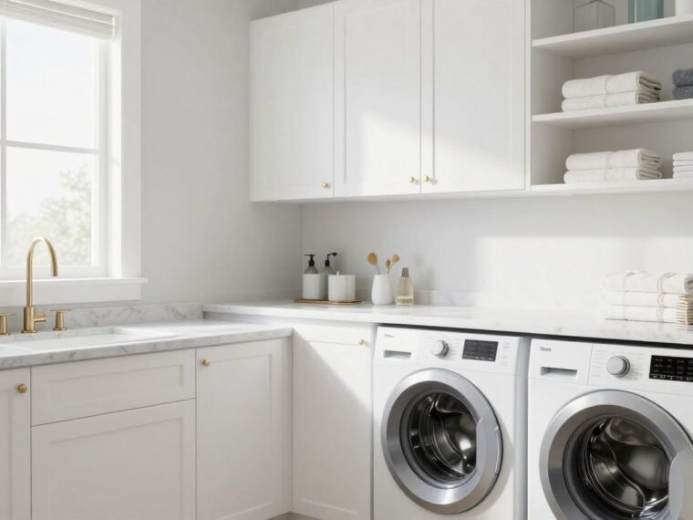 Modern laundry room ideas showcasing white cabinets and organized storage space