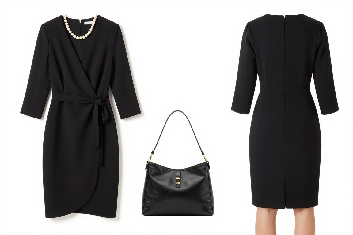 Modern little black dress with wrap waist detail and elegant accessories