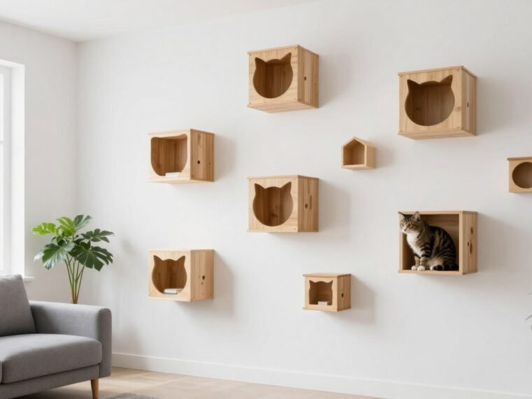 Modern living room featuring elegant cat wall shelves integrated into white wall design