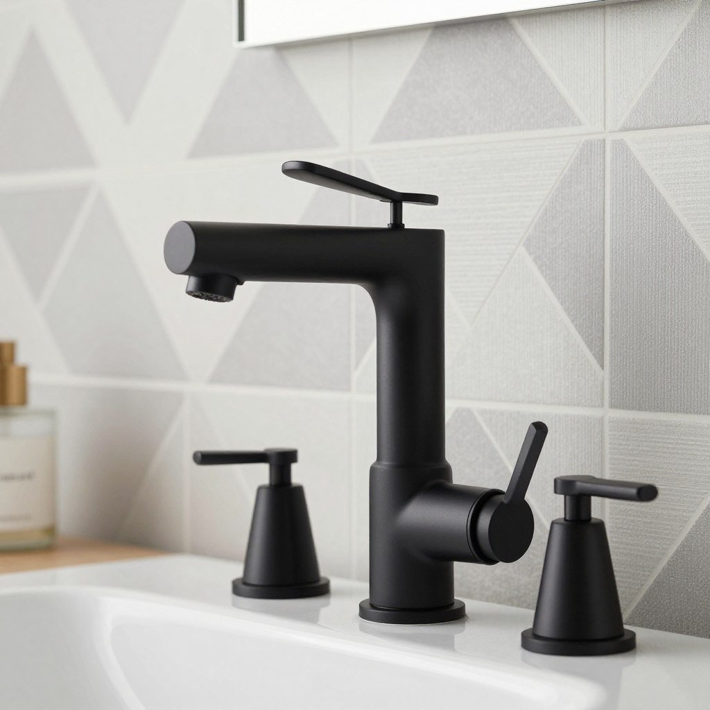 Modern matte black bathroom faucet against geometric wallpaper