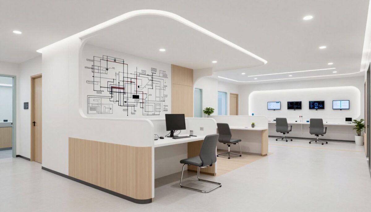 Modern medical clinic interior showing flexible modular design and adaptable spaces