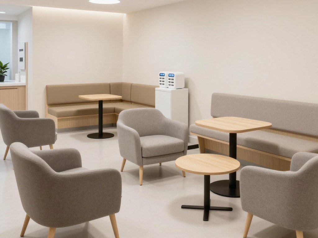 Modern medical clinic waiting room showing diverse seating arrangements and personal space options