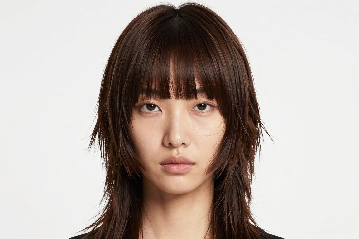 Modern medium shag haircut with full blunt bangs
