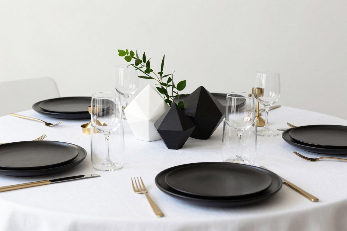 Modern minimalist wedding table setting with geometric decor