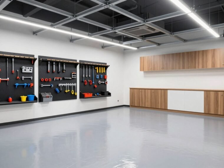 Modern organized garage makeover with wall storage systems and clean epoxy floors