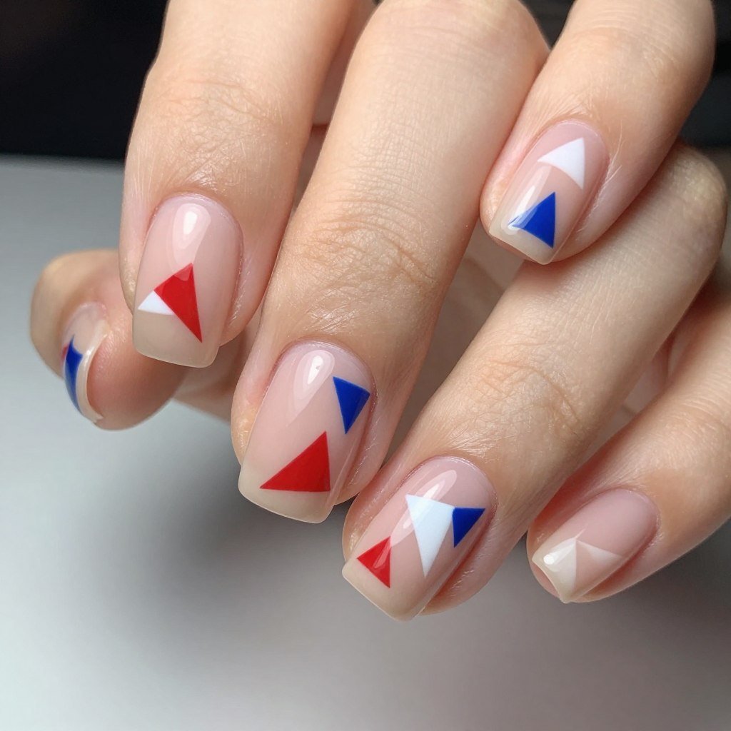 Modern triangle pattern nail design featuring red white and blue geometric shapes