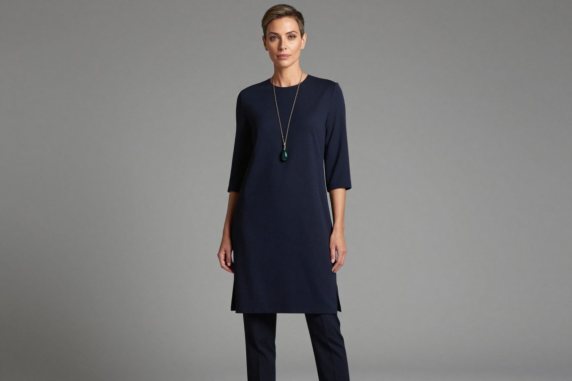 Monochromatic outfit demonstrating vertical line styling