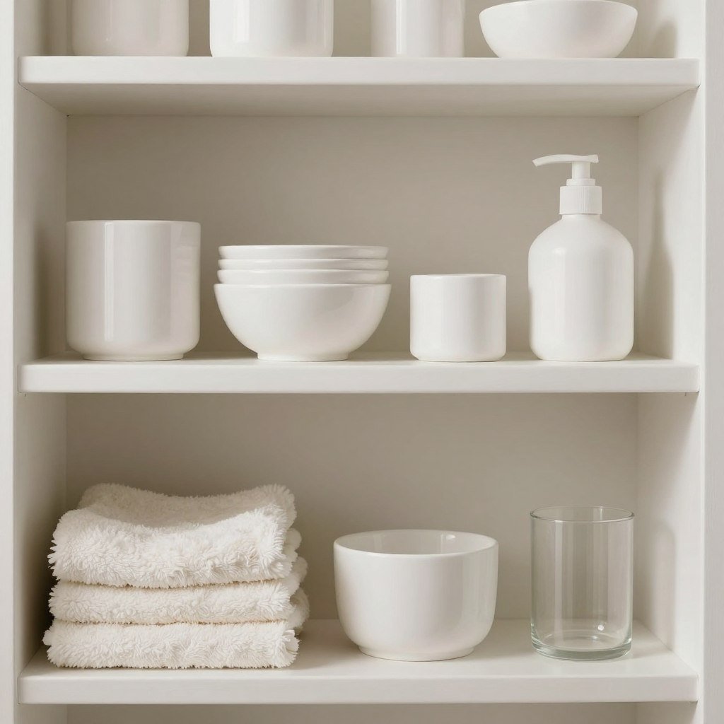 Monochromatic white bathroom shelf styling