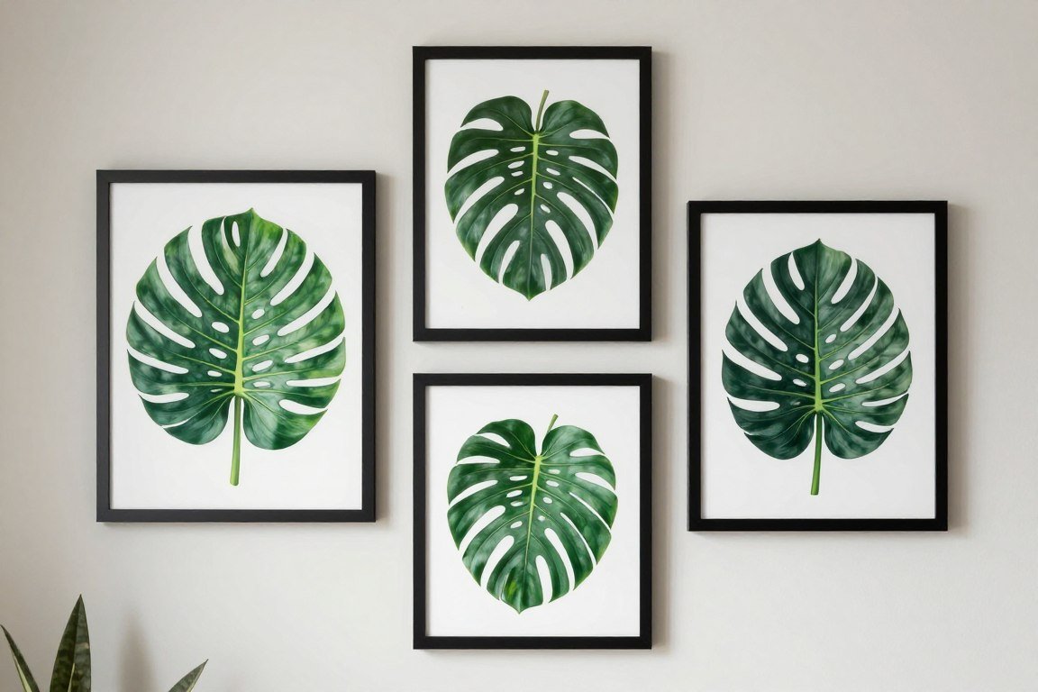 Monstera leaf print collection bathroom wall