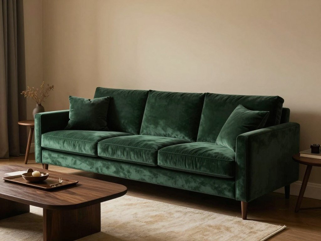 Moody living room with forest green and beige color palette