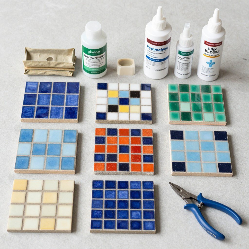 Mosaic tile materials and tools for concrete bird bath decoration