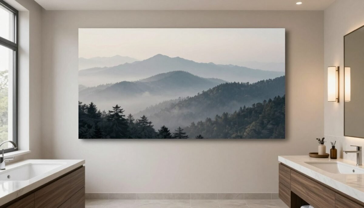 Mountain landscape canvas art creating peaceful bathroom atmosphere