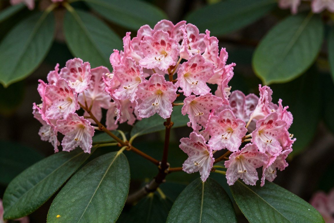 Mountain laurel shrub with pink flowers blooming in shade garden