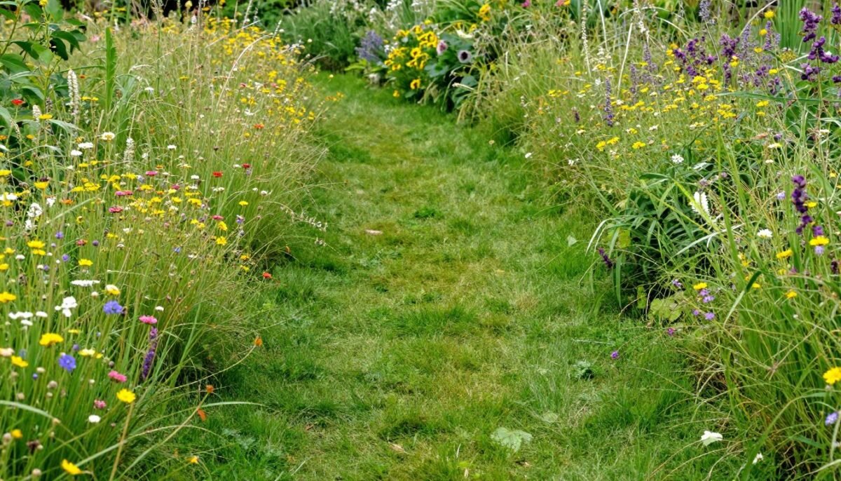 Mown grass pathway through wildflower meadow Mown grass pathway through wildflower meadow