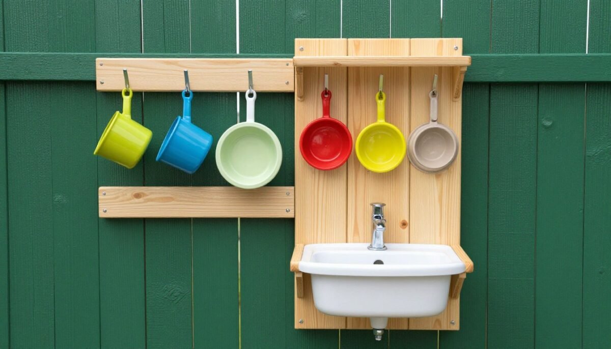 Mud kitchen shelves and work surface mounted directly on wooden fence to save space