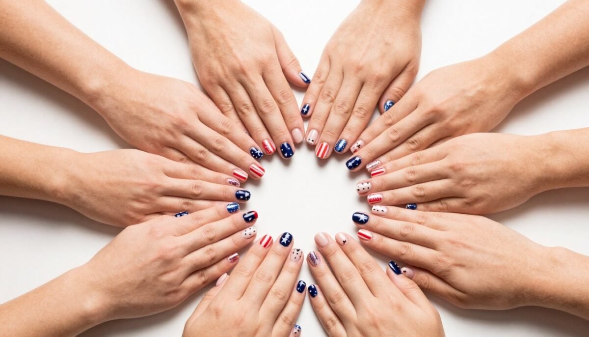 Multiple hands displaying various short 4th of July nail designs together