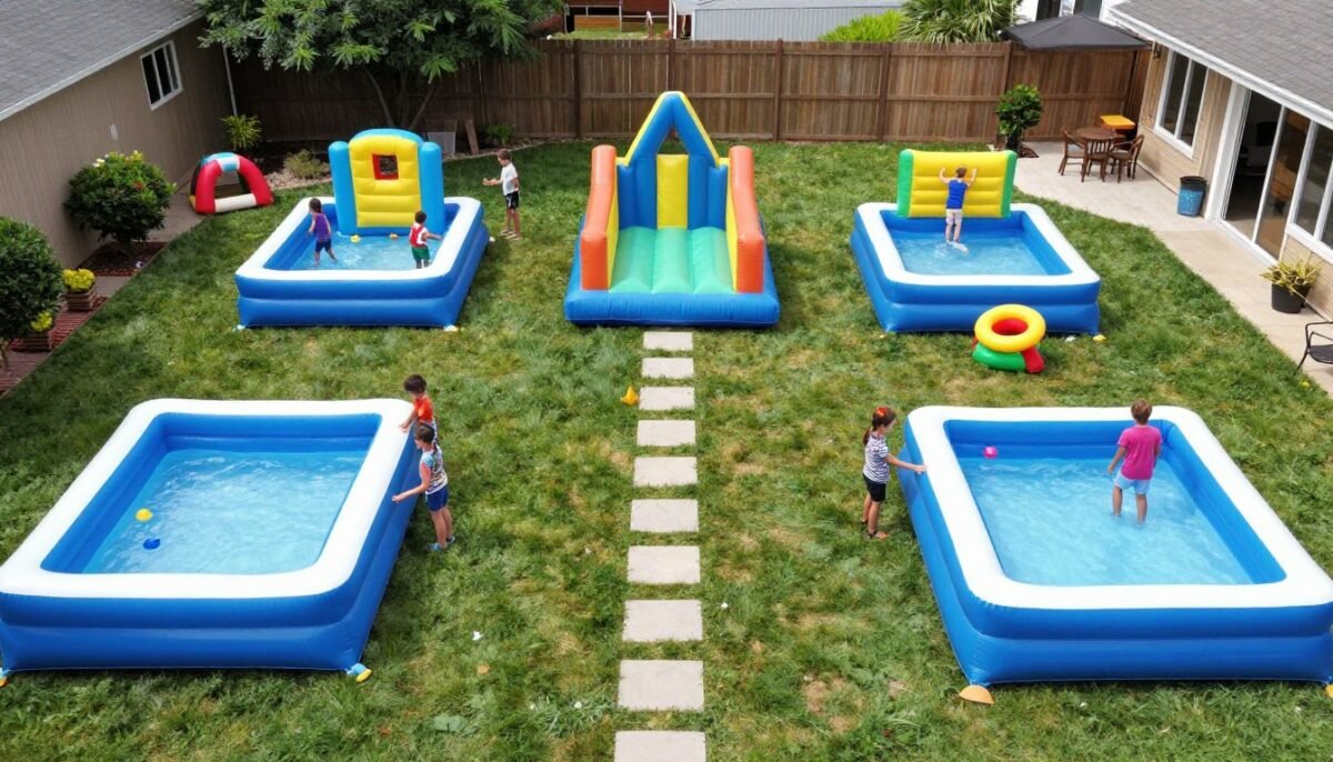 Multiple kiddie pools arranged as water obstacle course in backyard