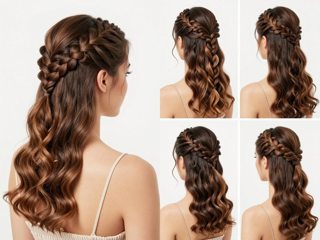 Multiple prom hairstyles long hair showcasing braided techniques