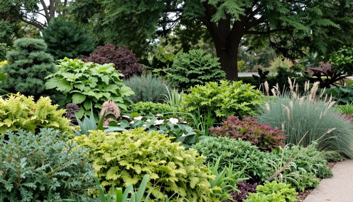 Multiple shade tolerant shrubs showing variety of foliage textures and colors