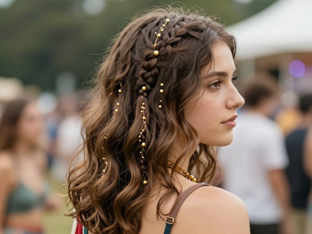 Multiple small accent braids in medium length prom hair