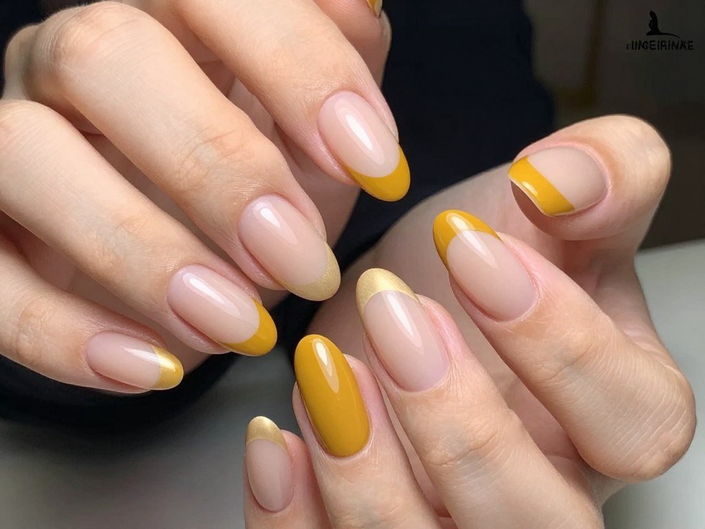 Mustard yellow French tips on coffin nails for trendy fall look