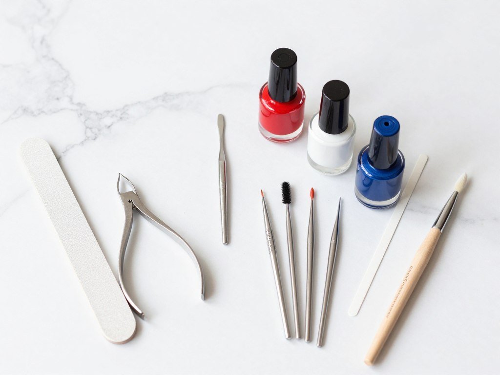 Nail preparation tools and supplies for creating 4th of July square nails including base coat, files, and patriotic colors