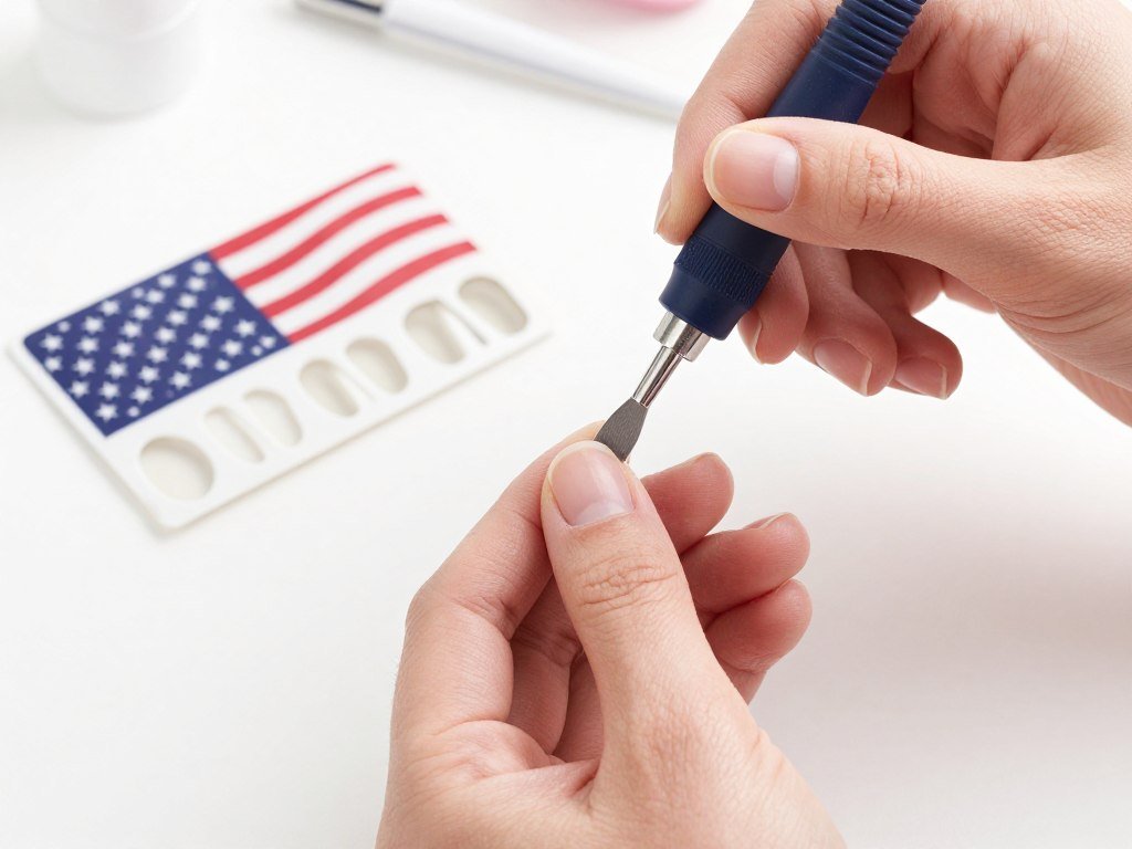 Nail stamping technique creating precise patriotic patterns on gel nails