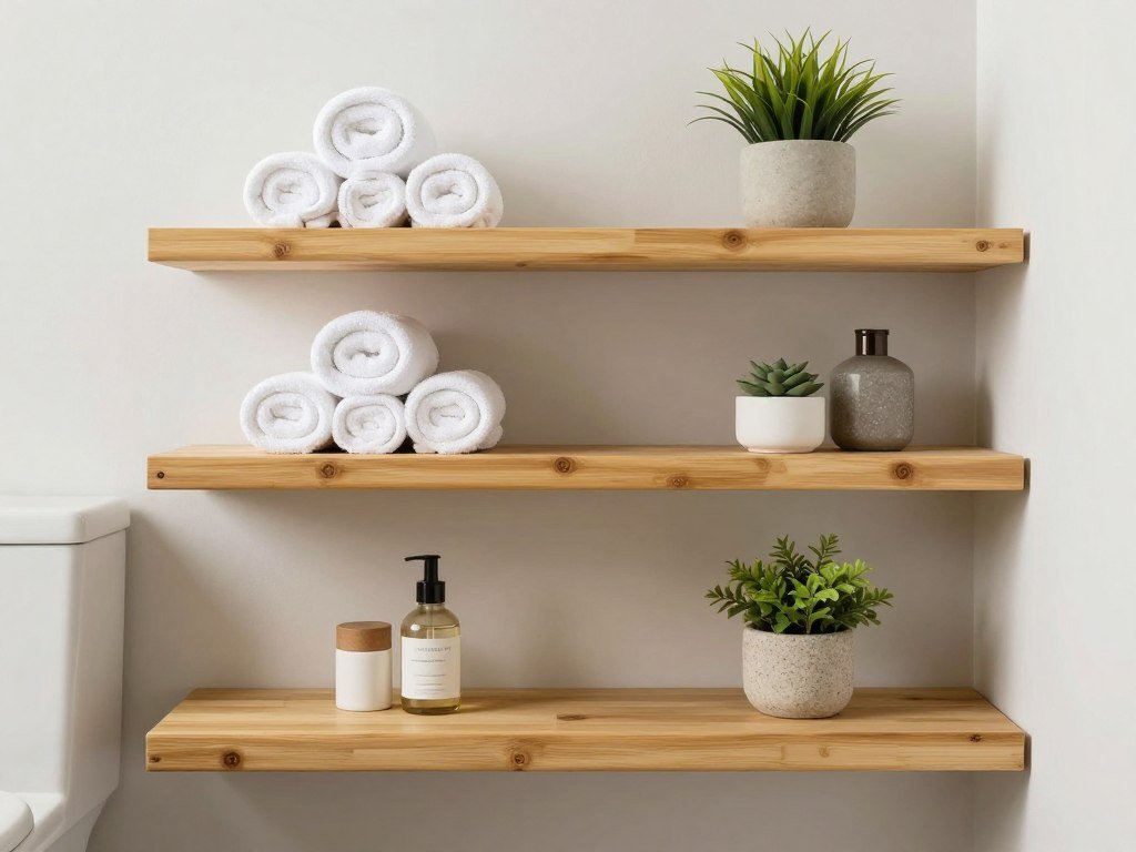 Natural bamboo floating shelves above toilet in spa bathroom