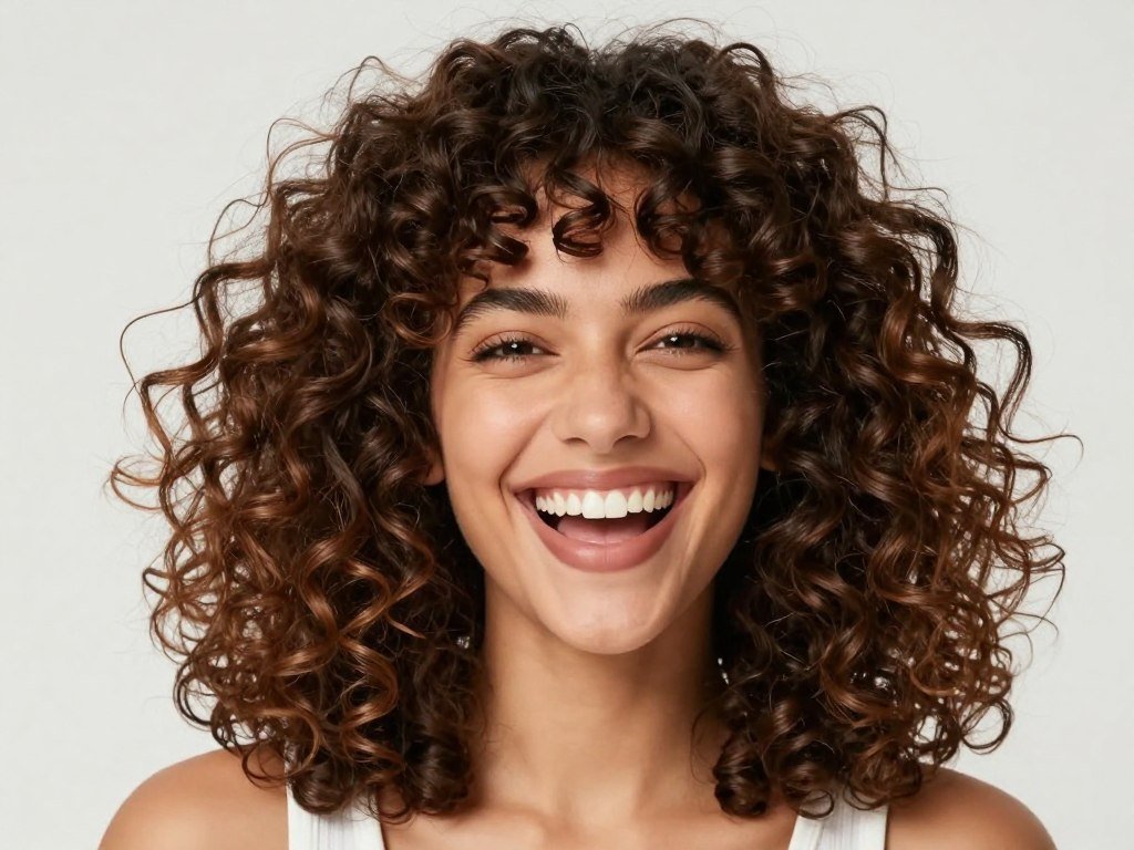 Natural curls on medium length hair with curtain bangs