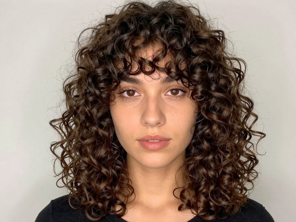 Natural curly bangs on medium length curly hair