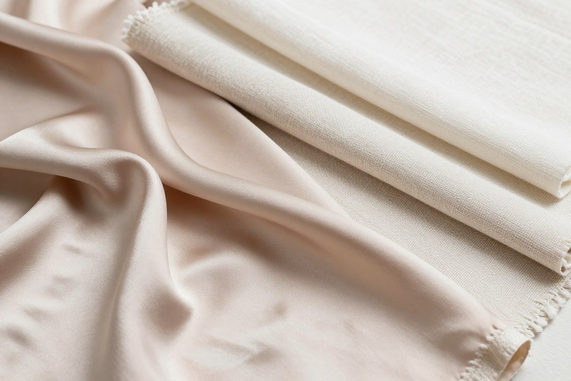Natural fabric swatches including silk, wool, cotton, and linen