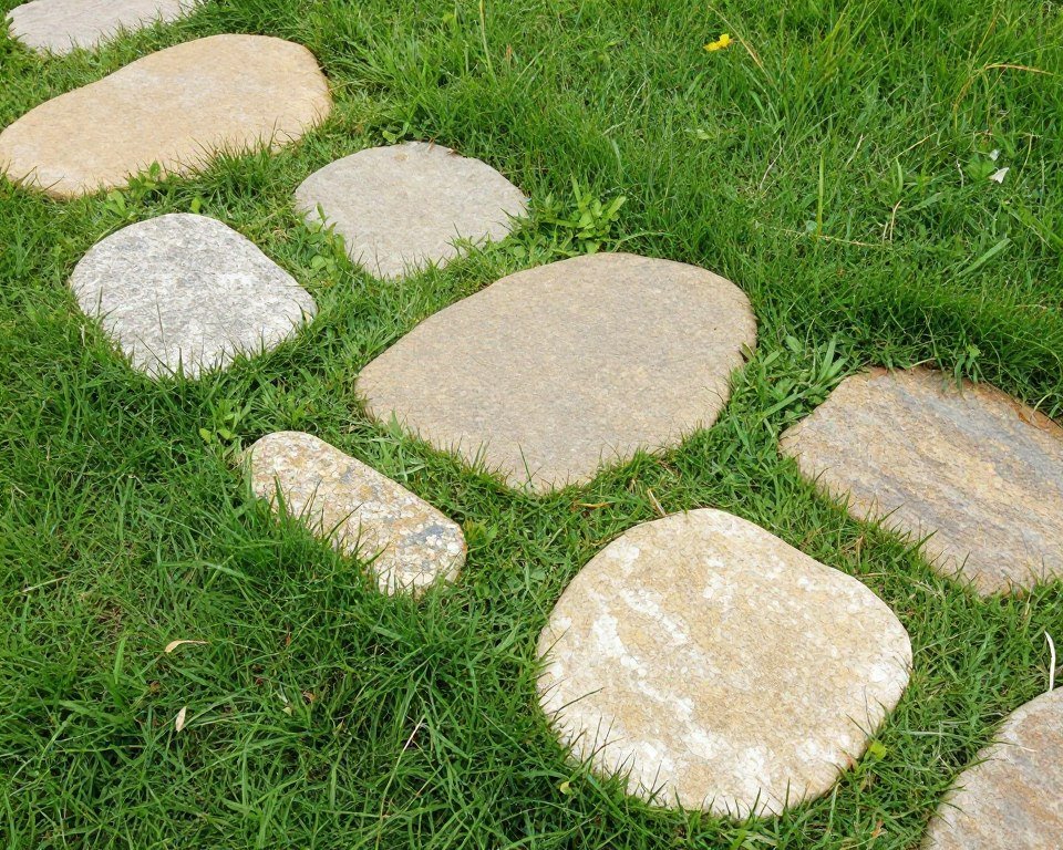 Natural flagstone stepping stone path through grass