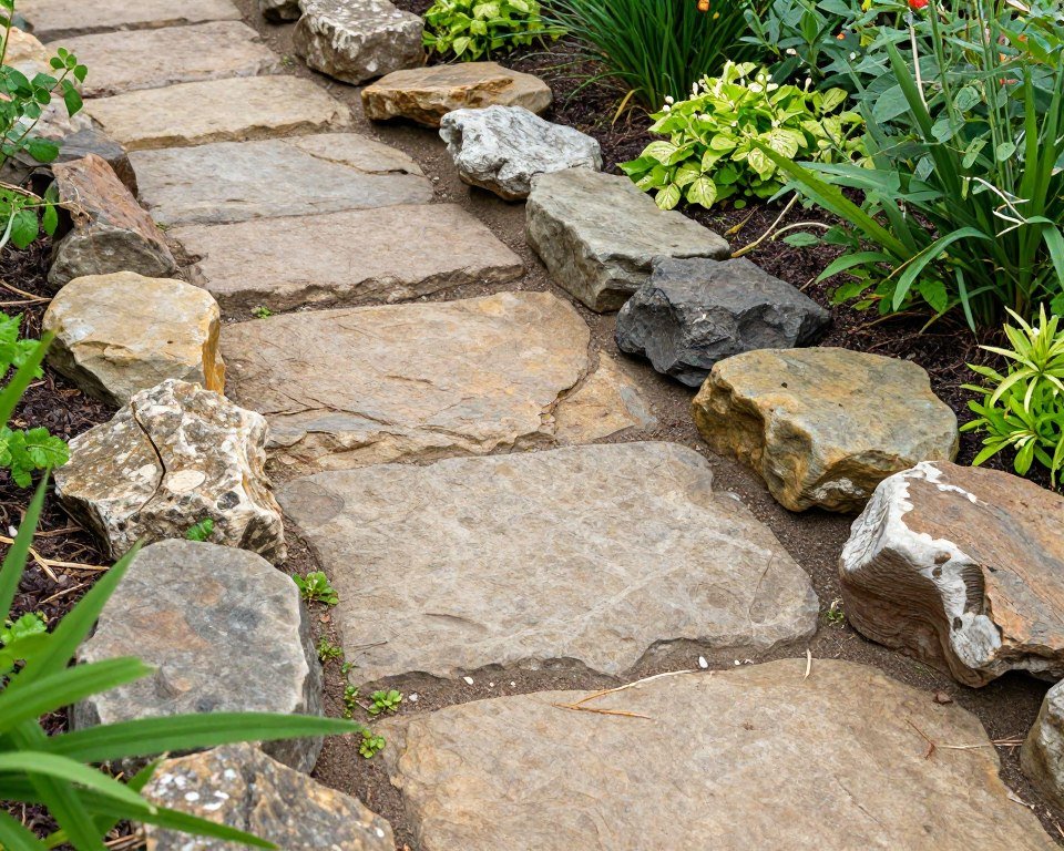 Natural rock border edging garden pathway