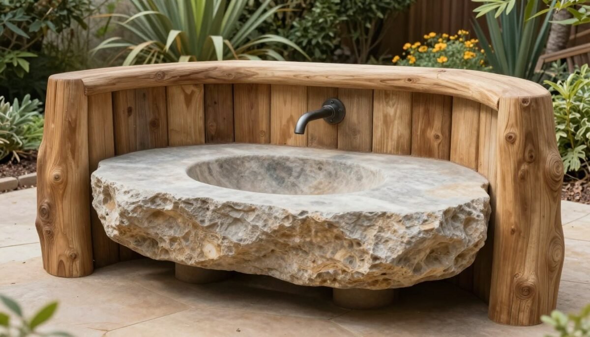 Natural stone basin integrated into mud kitchen