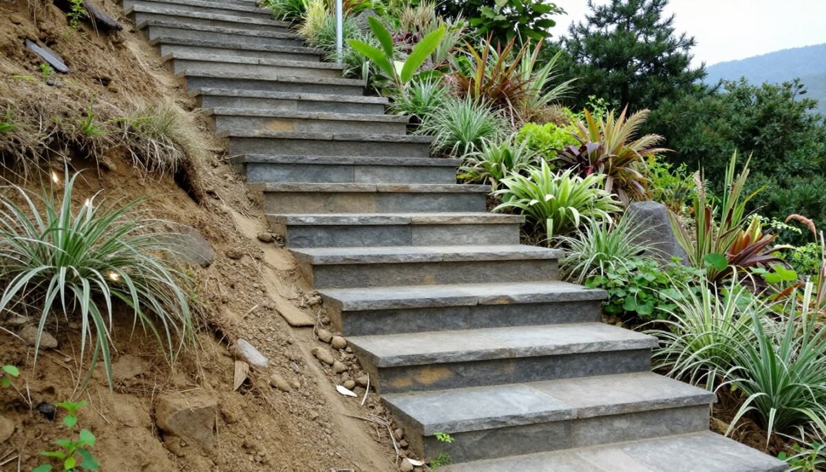 Natural stone terraced steps on garden slope Natural stone terraced steps on garden slope
