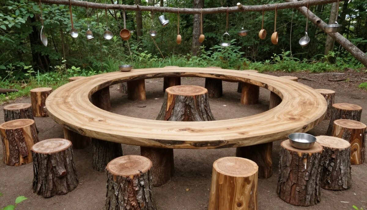 Natural tree stumps and logs arranged as rustic organic mud kitchen