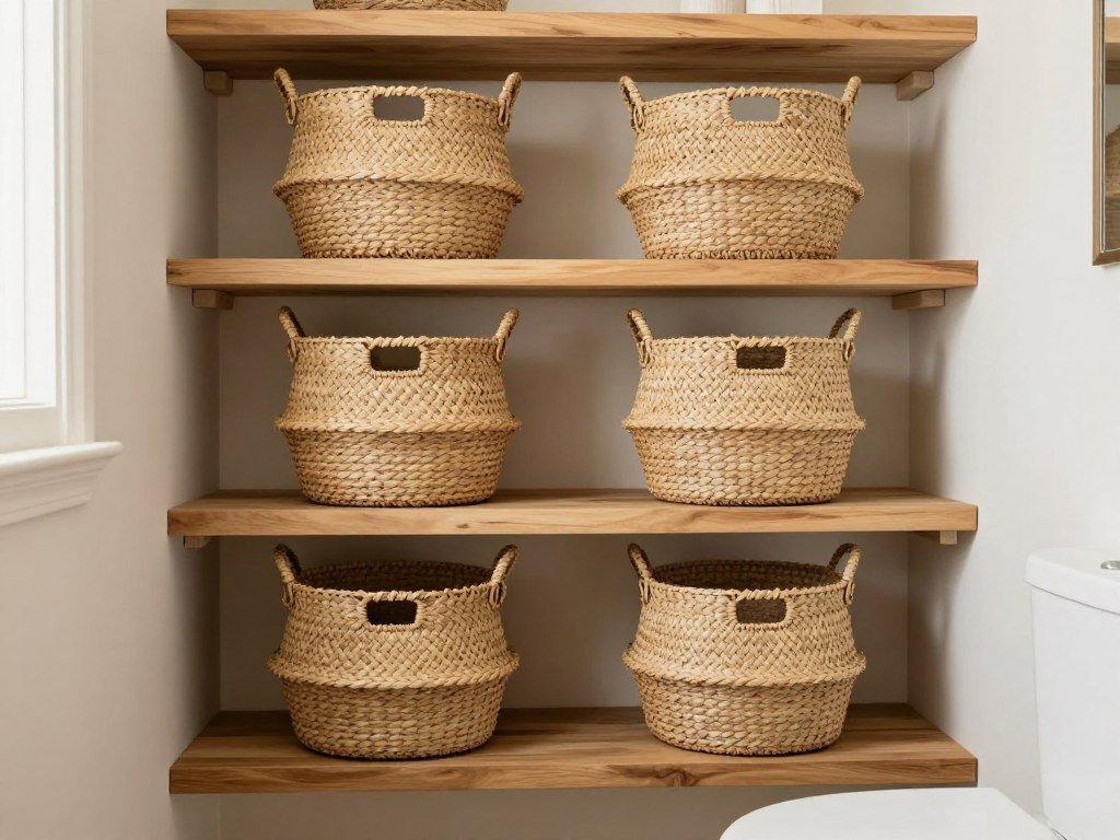 Natural wood shelves above toilet with woven baskets for storage