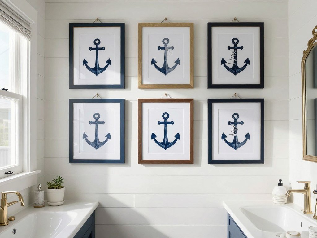 Nautical themed wall art in coastal bathroom