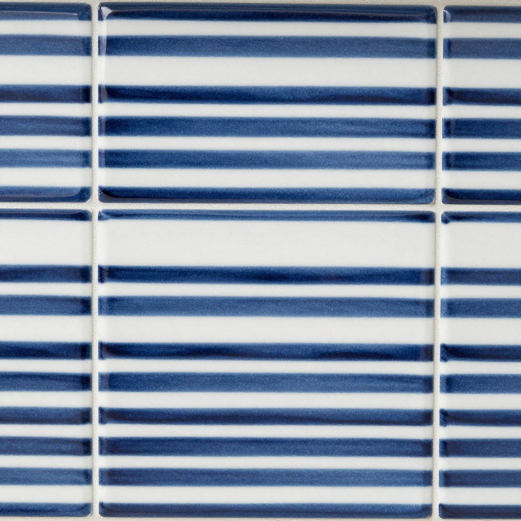 Navy and white striped kitchen backsplash detail
